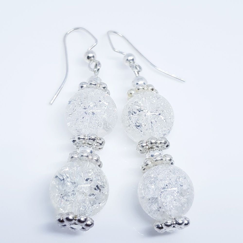 Clear Crackle Glass Dangle Earrings